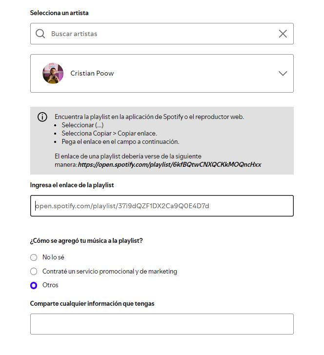 Formulario de reporte de playlists en Spotify para Artistas.